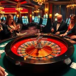 Experience the thrill of topclub gambling with players at an elegant casino table surrounded by roulette and poker elements.