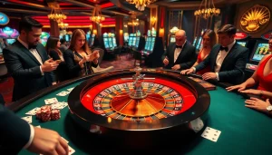 Experience the thrill of topclub gambling with players at an elegant casino table surrounded by roulette and poker elements.