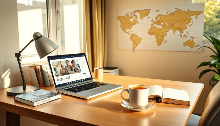 オンライン英語レッスン用のノートパソコンと居心地の良い装飾を備えた、QQEnglishキャンペーンを紹介する魅力的な自宅ワークスペース。