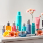 Kosmetika produktai gražiai išdėstyti ant marmurinio vanity stalelio.