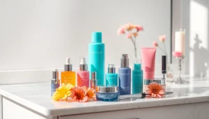 Kosmetika produktai gražiai išdėstyti ant marmurinio vanity stalelio.