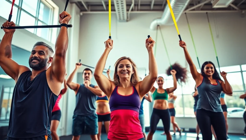 Engaged individuals using pull-up resistance bands in a bright fitness studio, showcasing strength and versatility.