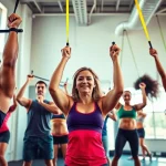 Engaged individuals using pull-up resistance bands in a bright fitness studio, showcasing strength and versatility.