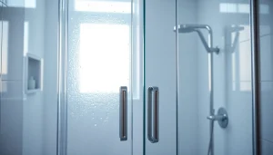 View of elegant shower doors with intricate details, enhancing modern bathroom aesthetics.