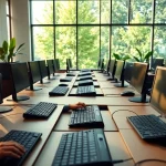 Engaged professional at a typing center, creating a focused atmosphere with modern design and natural light.