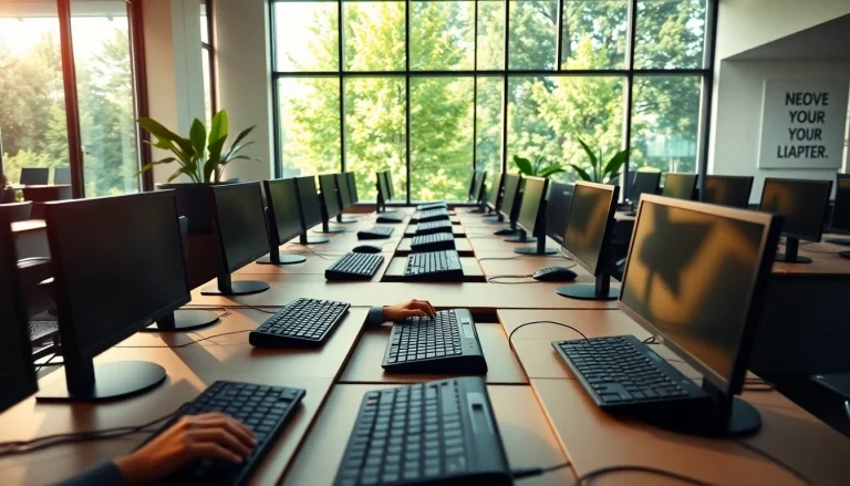 Engaged professional at a typing center, creating a focused atmosphere with modern design and natural light.