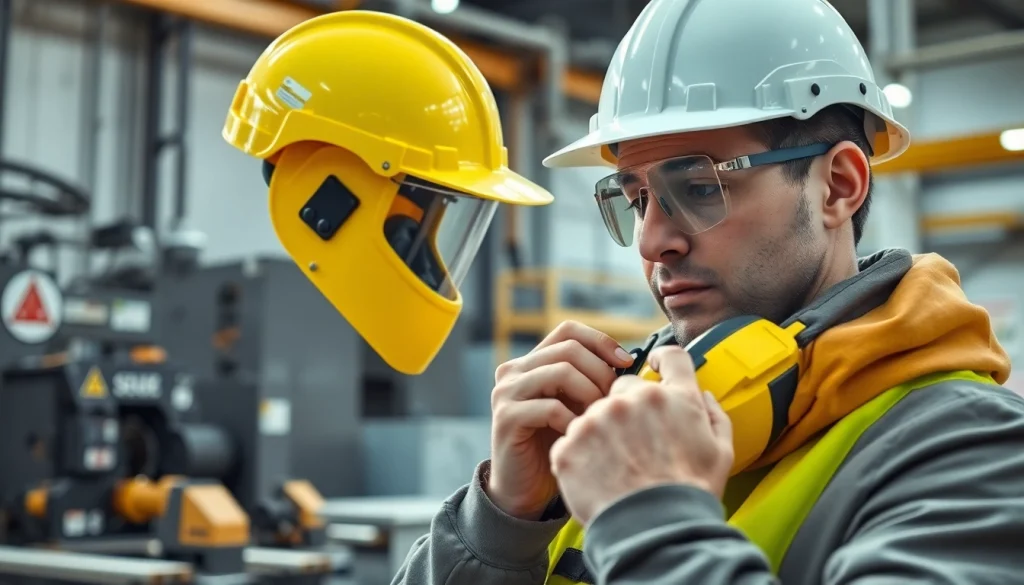 Assessing physical hazards in workplace safety gear amidst industrial equipment.