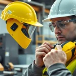 Assessing physical hazards in workplace safety gear amidst industrial equipment.