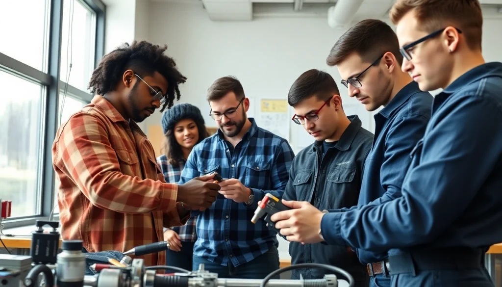 Students training at an electrician trade school Colorado with hands-on projects.
