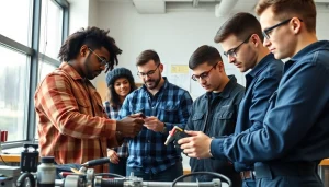 Students training at an electrician trade school Colorado with hands-on projects.