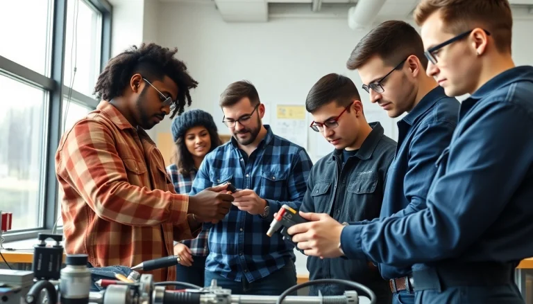 Students training at an electrician trade school Colorado with hands-on projects.