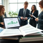 Environmental law firm professionals collaborating in a bright modern office.