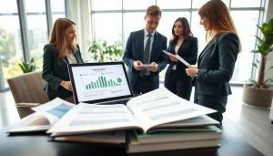 Environmental law firm professionals collaborating in a bright modern office.