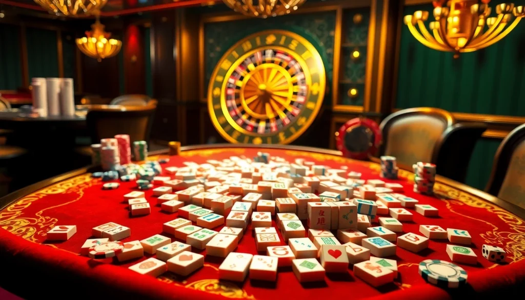 Link mahjong tiles beautifully arranged on a luxurious casino table, inviting strategic gameplay.