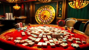 Link mahjong tiles beautifully arranged on a luxurious casino table, inviting strategic gameplay.