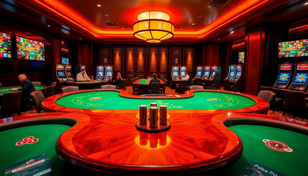 SODO-themed luxurious casino interior with players at blackjack and poker tables.