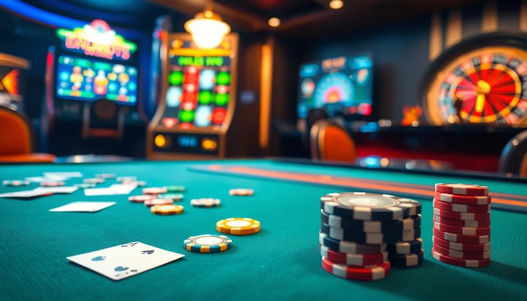 Experience the thrill of situs deposit 5k with vibrant casino scenes showcasing poker and slot action.