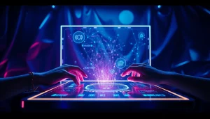 Futuristic scene highlighting NSFW AI capabilities with holographic interface and dramatic lighting.