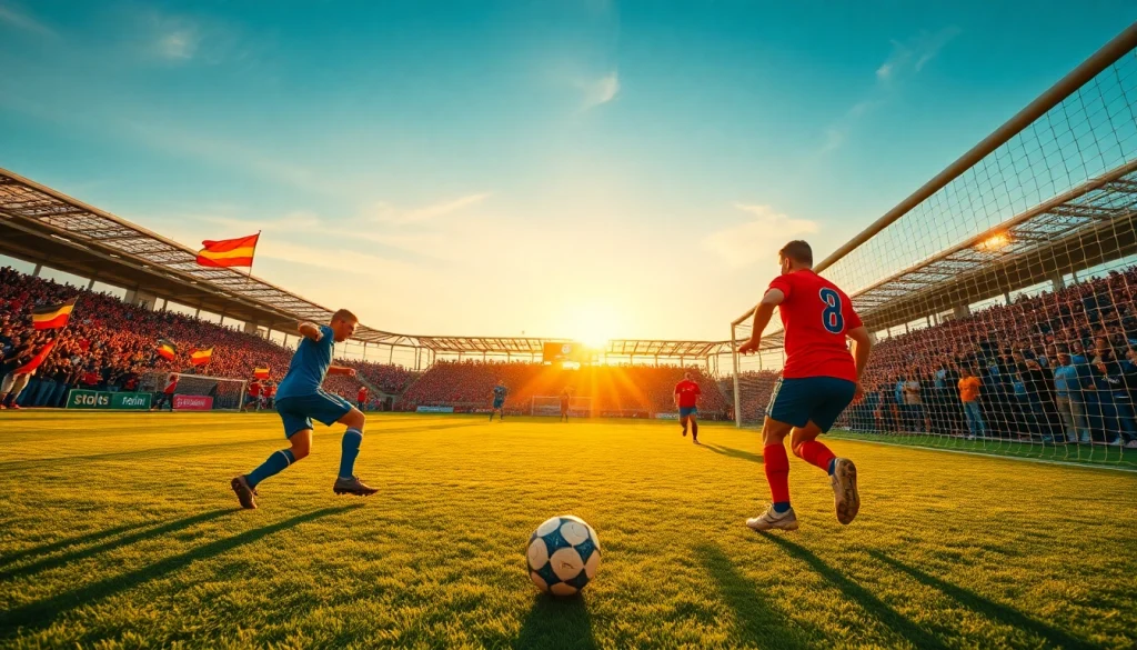 مباراة kora live لكرة القدم مع جماهير نابضة بالحياة ولاعبين ديناميكيين تحت إضاءة الساعة الذهبية