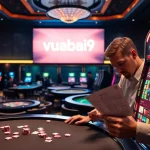 Engaging players win at vuabai9's vibrant casino with exciting slot machines and betting slips.