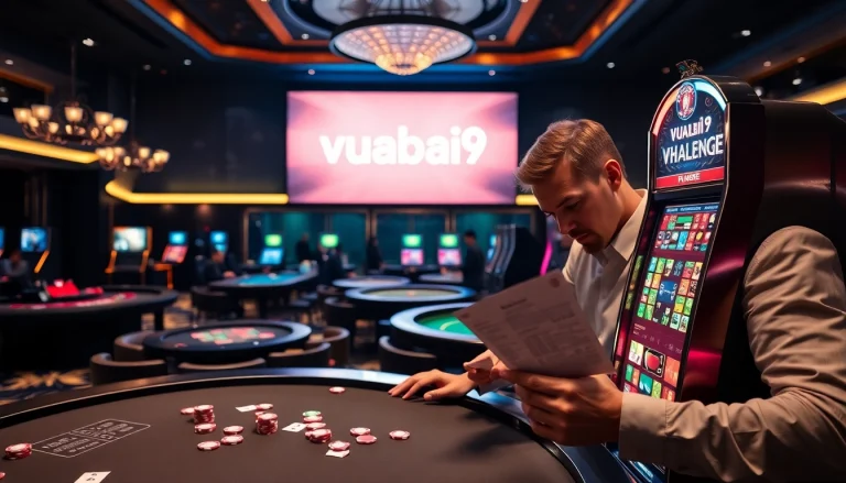 Engaging players win at vuabai9's vibrant casino with exciting slot machines and betting slips.