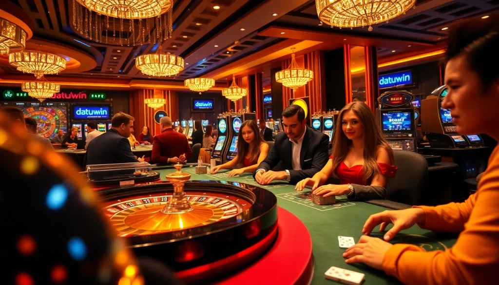 Para pemain yang antusias memasang taruhan di kasino mewah, menampilkan elemen bertema 'Datukwin' dengan roulette dan chip poker.