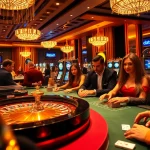 Para pemain yang antusias memasang taruhan di kasino mewah, menampilkan elemen bertema 'Datukwin' dengan roulette dan chip poker.