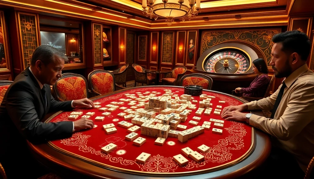 Terlibat dalam penyambungan strategis ubin mahjong pada permainan link mahjong di meja kasino mewah.