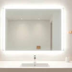 View of a stylish bathroom mirror with LED light reflecting a modern design and warm lighting.
