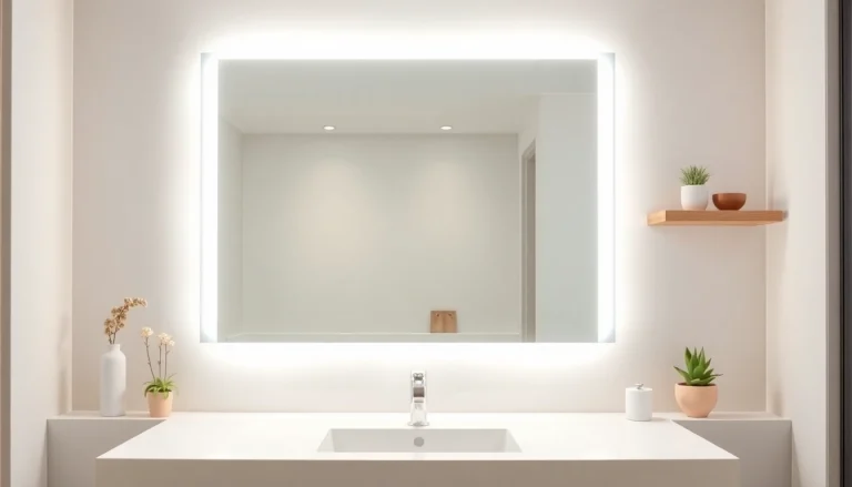 View of a stylish bathroom mirror with LED light reflecting a modern design and warm lighting.