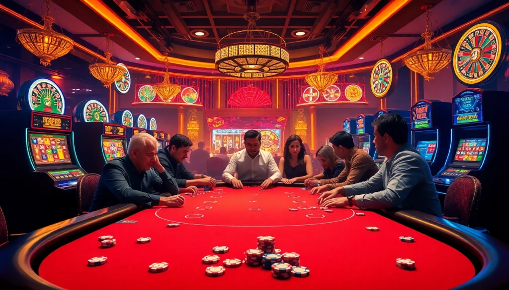 Experience the excitement of RR88 at a high-stakes poker table surrounded by vibrant casino elements.