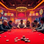 Experience the excitement of RR88 at a high-stakes poker table surrounded by vibrant casino elements.