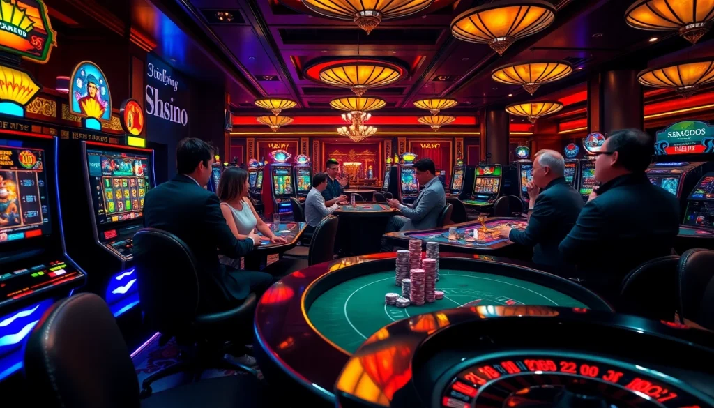 SODO Casino players enjoy vibrant slot machines and poker at a luxurious table.