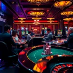 SODO Casino players enjoy vibrant slot machines and poker at a luxurious table.