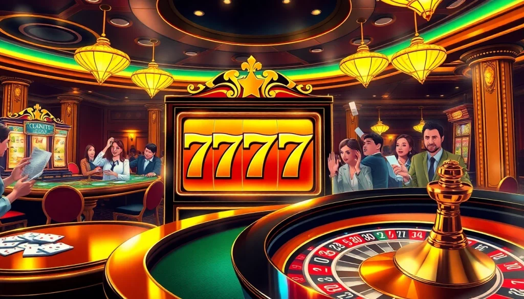 Activate the thrilling seven77 slot game at a luxury casino, showcasing vibrant colors and eager gamblers.