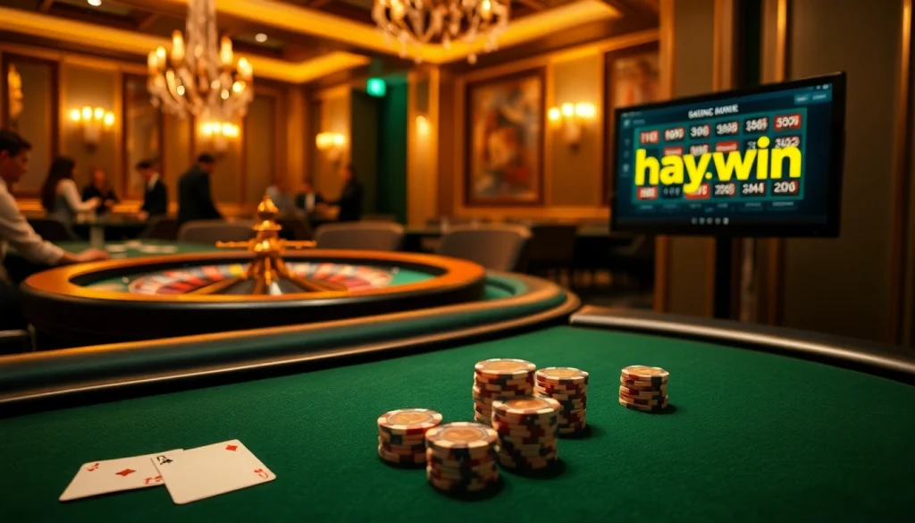 Experience excitement at hay.win with poker chips and cards on a luxurious casino table.