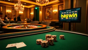 Experience excitement at hay.win with poker chips and cards on a luxurious casino table.