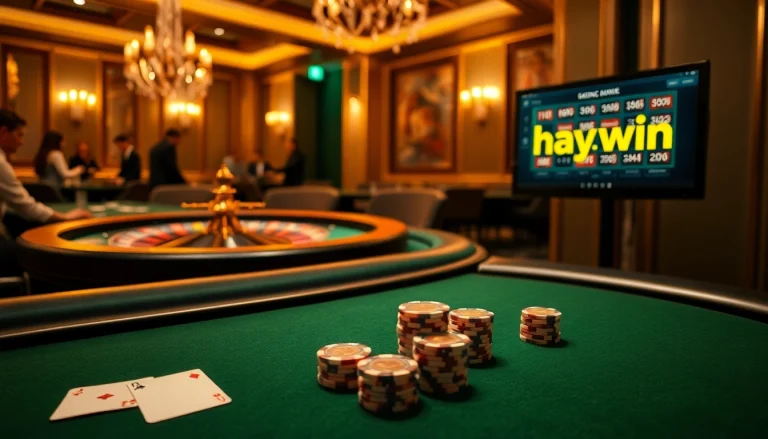 Experience excitement at hay.win with poker chips and cards on a luxurious casino table.