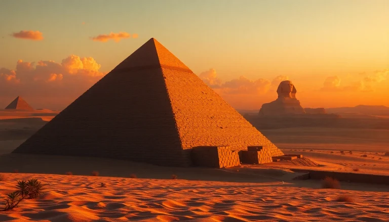 Piraminds standing proudly in the desert during a stunning sunset with colorful skies.