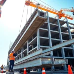 Workers engaged in structural steel installation at a bustling construction site.