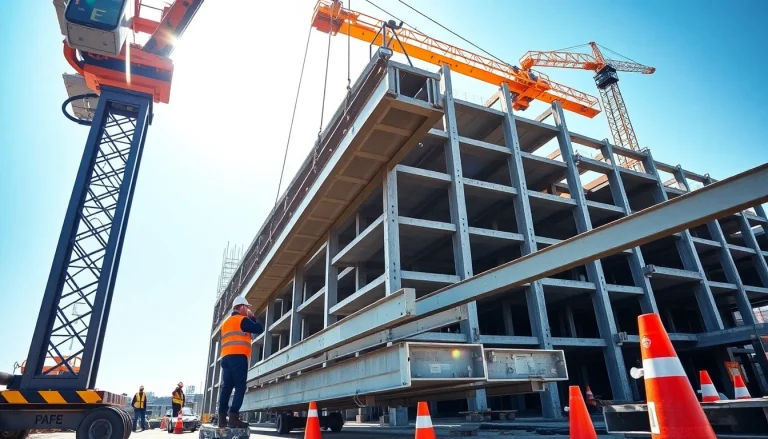 Workers engaged in structural steel installation at a bustling construction site.