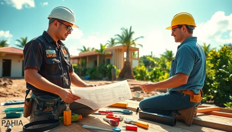 Electrician apprenticeship Hawaii: apprentices engaging in teamwork on a construction site surrounded by tropical scenery.