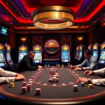 Players at a lively poker table with hidden wiki digital elements enhancing the vibrant casino atmosphere.