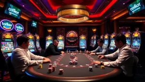 Players at a lively poker table with hidden wiki digital elements enhancing the vibrant casino atmosphere.