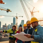Austin construction workers collaborating on blueprints at an active job site with cranes in the background.