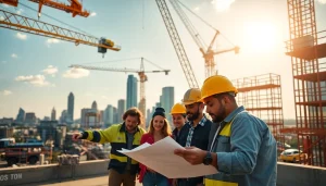 Austin construction workers collaborating on blueprints at an active job site with cranes in the background.