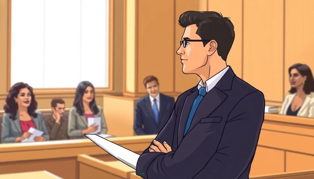 Jacksonville Immigration Lawyer confidently representing clients in a bright courtroom scene.