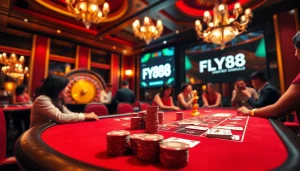 Experience the thrill of FLY88 Đăng kí with a lively poker game scene showcasing vibrant casino elements.