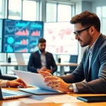 Using competitive intelligence to analyze data trends in a modern office setting.