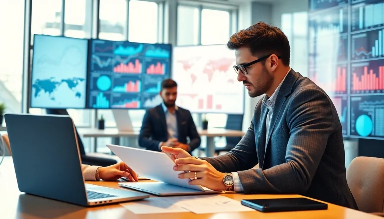 Using competitive intelligence to analyze data trends in a modern office setting.